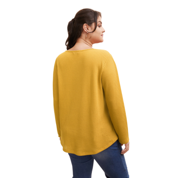 Plain Waffle Knit Scoop Neck Plicated Detail Yellow T-shirt - Image 2
