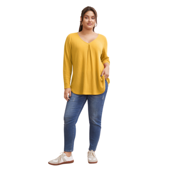 Plain Waffle Knit Scoop Neck Plicated Detail Yellow T-shirt - Image 3