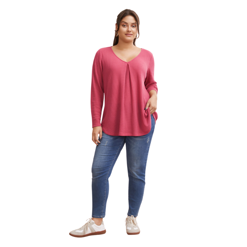 Plain Waffle Knit Scoop Neck Plicated Detail Rosered T-shirt - Image 2