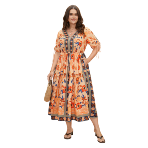 Bandana Print Pocket Lapel Collar Elastic Cuffs Dress Amber