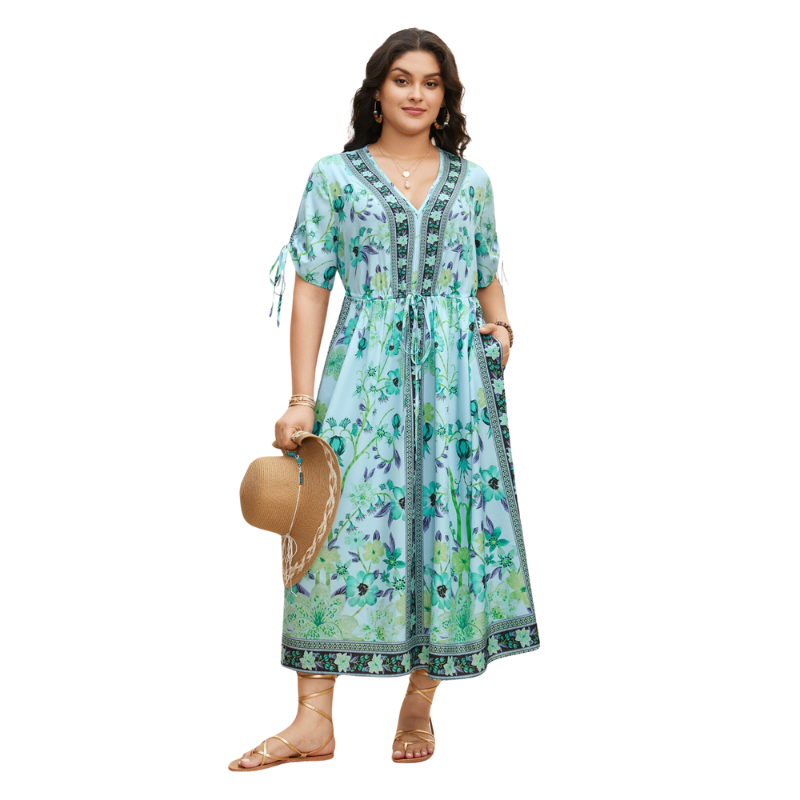 Bandana Print Pocket Lapel Collar Elastic Cuffs Dress Aquamarine - Image 2