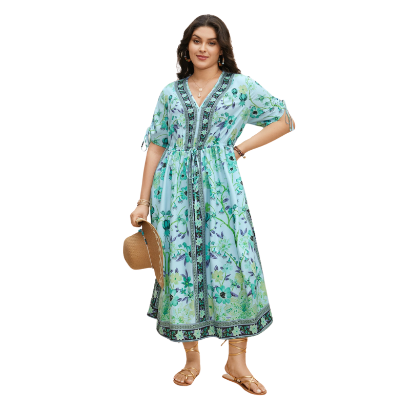 Bandana Print Pocket Lapel Collar Elastic Cuffs Dress Aquamarine