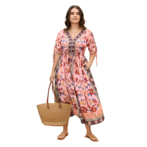 Bandana Print Pocket Lapel Collar Elastic Cuffs Dress Blush Pink