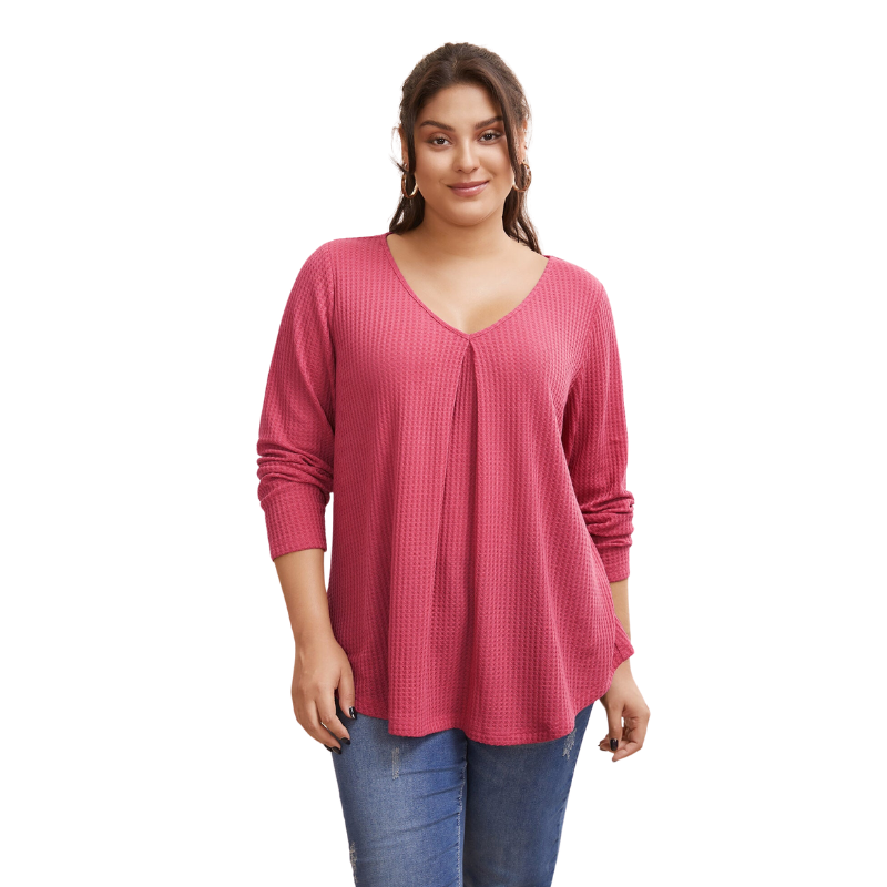 Plain Waffle Knit Scoop Neck Plicated Detail Rosered T-shirt