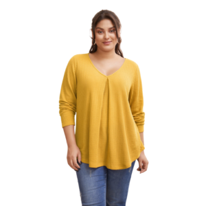 Plain Waffle Knit Scoop Neck Plicated Detail Yellow T-shirt