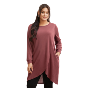 Solid Waffle Knit Overlap Hem Dusty Pink T-shirt